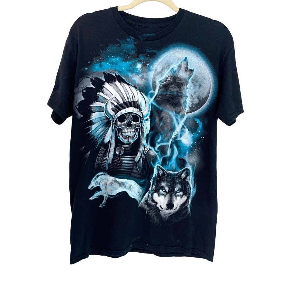 Mens Skull Wolf T-Shirt Black Blue Size Small Short Sleeve Crewneck Graphic